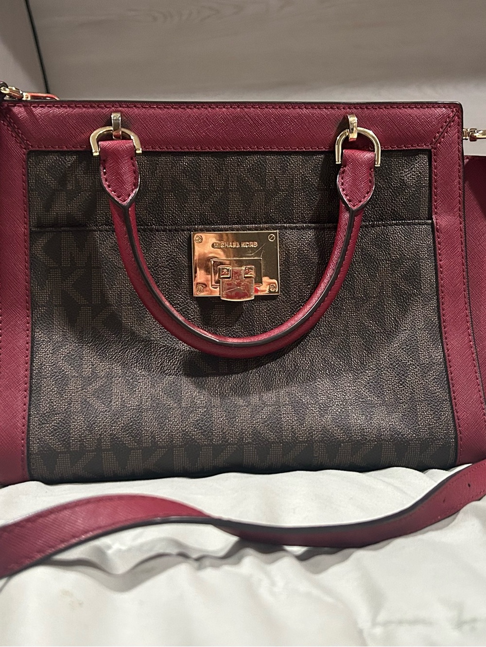Michael Kors Burgundy Leather Tote with Gold Hardware